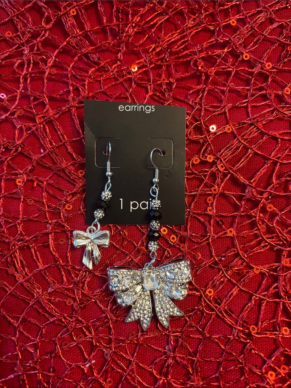 Silver Bow Dangle Earrings with Black Bead Accents